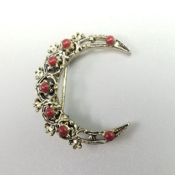 Vintage Crescent Moon Shape Brooch with Red Beads, Celestial Lapel Pin - Picture 2 of 6